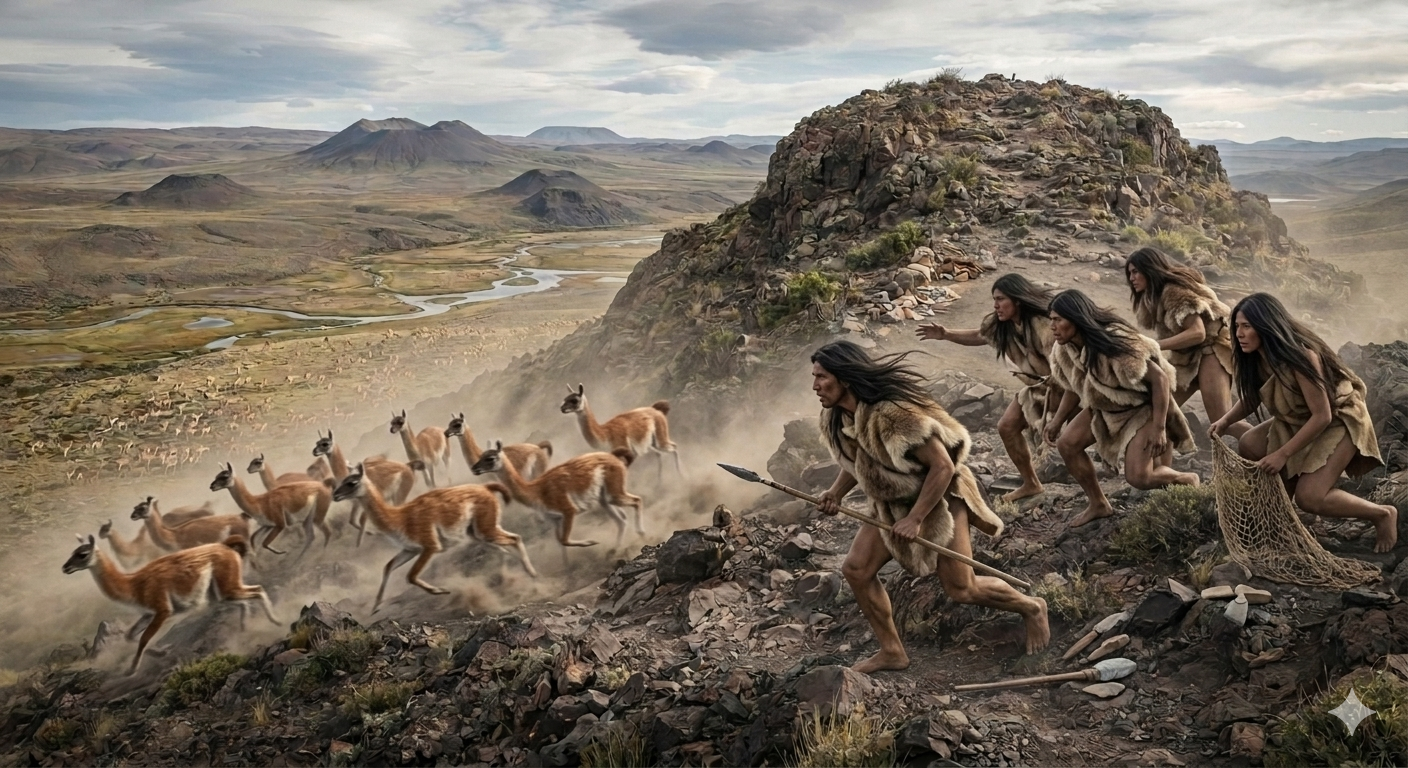Guanacos sobre acantilado con arte rupestre en primer plano